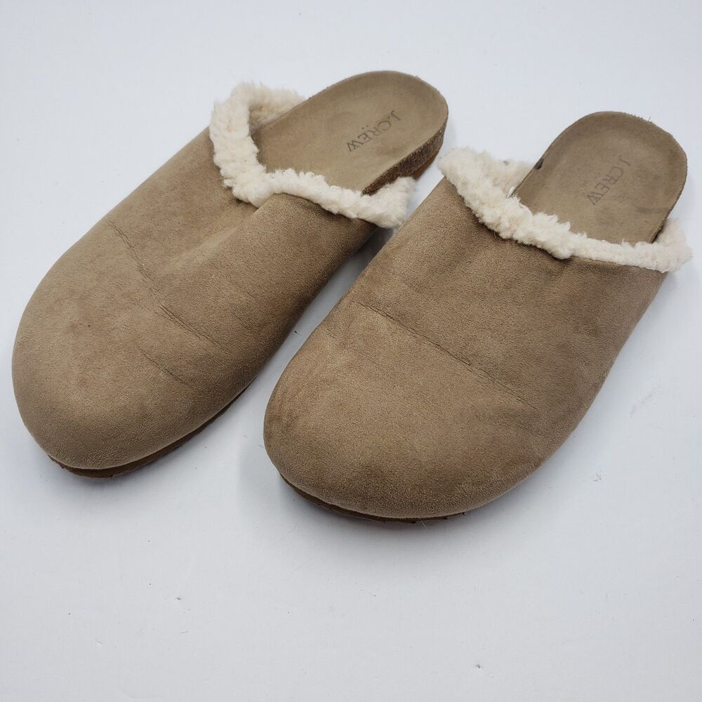 J.Crew Faux Suede Sherpa Lined Clog Slippers Womens 10 Tan Cork Footbed Mules